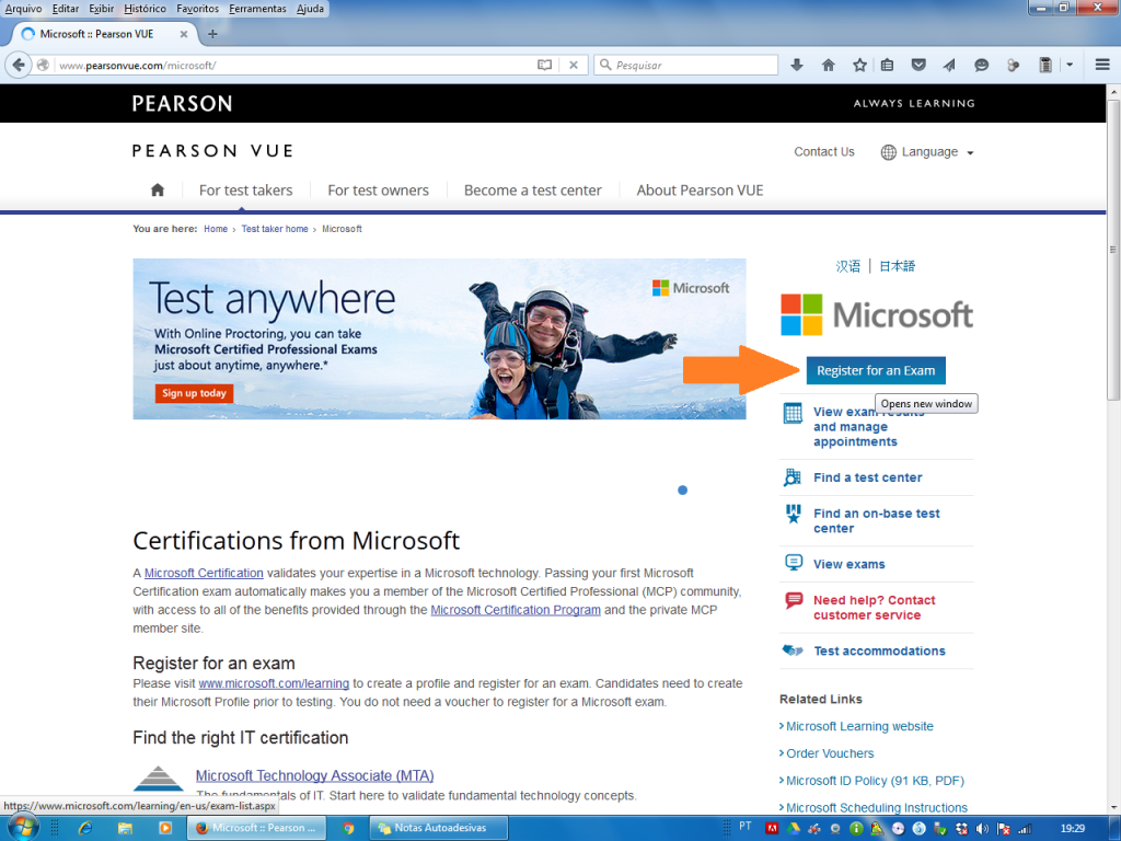 agendar exame microsoft pearson vue